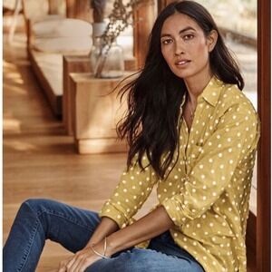 J. Jill Mustard Yellow Polka Dot Cotton Button Down Shirt Petite Large